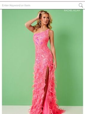 Rachel Allan Coral-Pink One-Shoulder Sequin & Feather Gown